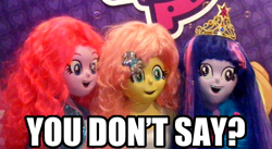 Size: 640x351 | Tagged: safe, derpibooru import, fluttershy, pinkie pie, twilight sparkle, equestria girls, clothes, cosplay, costume, peruvian nightmare squad, reaction image, text, you don't say