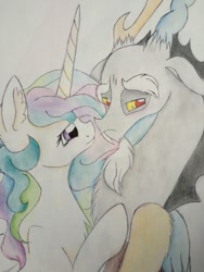 Size: 1024x1365 | Tagged: safe, artist:pigzfairy, discord, princess celestia, alicorn, pony, dislestia, female, male, shipping, straight, traditional art