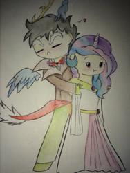 Size: 1024x1364 | Tagged: safe, artist:pigzfairy, discord, princess celestia, human, :t, chibi, dislestia, female, humanized, male, shipping, straight, traditional art