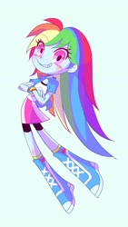 Size: 1500x2668 | Tagged: safe, artist:bbtasu, derpibooru import, rainbow dash, human, equestria girls, boots, clothes, compression shorts, cute, dashabetes, female, looking at you, moe, shoes, shorts, simple background, skirt, socks, solo