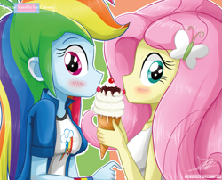 Size: 913x739 | Tagged: safe, artist:the-butch-x, derpibooru import, fluttershy, rainbow dash, equestria girls, blushing, female, flutterdash, ice cream, lesbian, looking at you, shipping