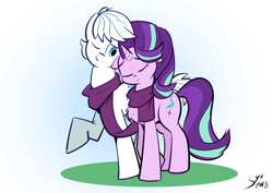 Size: 1748x1240 | Tagged: safe, artist:christheblue, double diamond, starlight glimmer, pony, unicorn, clothes, cute, female, glimmerdiamond, male, scarf, shared clothing, shared scarf, shipping, straight