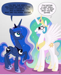 Size: 1200x1479 | Tagged: safe, artist:kturtle, princess celestia, princess luna, alicorn, pony, dialogue, fourth wall, magic, meta, speech bubble