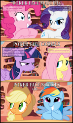 Size: 1920x3239 | Tagged: safe, artist:eagle1division, derpibooru import, applejack, fluttershy, pinkie pie, rainbow dash, rarity, twilight sparkle, twilight sparkle (alicorn), alicorn, earth pony, pegasus, pony, unicorn, bad poker face, comic, dashface, glare, golden oaks library, grin, liar face, liarjack, mane six, poker, poker face, scrunchy face, shy, smiling, text