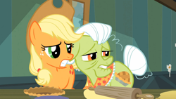 Size: 1366x768 | Tagged: safe, screencap, applejack, granny smith, earth pony, pony, spike at your service, female, mare