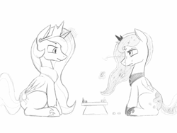 Size: 1024x768 | Tagged: safe, artist:trickydick, princess celestia, princess luna, alicorn, pony, chess, grayscale, monochrome, sketch