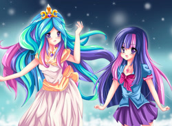 Size: 1450x1066 | Tagged: safe, artist:kiriche, princess celestia, twilight sparkle, human, anime, celestia's ballad, cute, equestria girls outfit, humanized