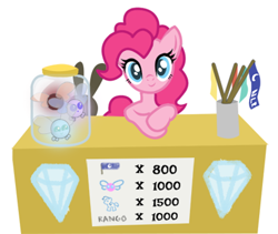 Size: 892x754 | Tagged: source needed, safe, artist:metax-z, pinkie pie, earth pony, parasprite, pony, bottle, crayon drawing, crossed hooves, cute, diamonds, flag, looking at you, shop, solo, spanish