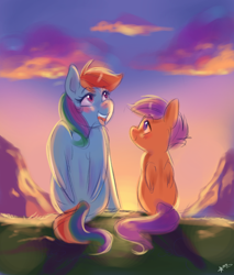 Size: 1700x2000 | Tagged: safe, artist:mrscurlystyles, derpibooru import, rainbow dash, scootaloo, pegasus, pony, backlighting, cloud, cute, cutealoo, duo, female, filly, looking up, mare, scootalove, sitting, smiling, sunset