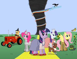 Size: 2800x2161 | Tagged: safe, artist:lonewolf3878, derpibooru import, applejack, fluttershy, pinkie pie, rainbow dash, rarity, twilight sparkle, winona, earth pony, pegasus, pony, unicorn, crossover, mane six, the wizard of oz, tornado, tractor, wizzard of oz