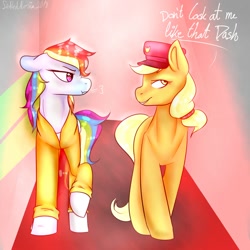 Size: 1024x1024 | Tagged: safe, artist:lioredrosia, derpibooru import, applejack, rainbow dash, earth pony, pegasus, pony, clothes, dialogue, frustrated, jail, never doubt rainbowdash69's involvement, police hat, prison, prison outfit, prisoner, prisoner rd, text