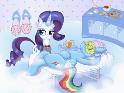 Size: 1600x1200 | Tagged: safe, artist:shinhoffman, derpibooru import, rainbow dash, rarity, pegasus, pony, unicorn, chillaxing, clothes, cucumber, duo, facial mask, food, juice, lost bet, mud mask, on back, orange juice, slippers, waitress