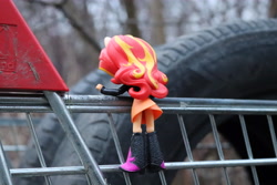 Size: 6000x4000 | Tagged: safe, artist:artofmagicpoland, sunset shimmer, equestria girls, absurd resolution, climbing, clothes, curious, doll, equestria girls minis, irl, looking down, photo, shopping cart, skirt, toy