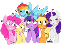 Size: 1280x959 | Tagged: safe, artist:laughter-horse, derpibooru import, applejack, fluttershy, pinkie pie, rainbow dash, rarity, twilight sparkle, twilight sparkle (alicorn), alicorn, earth pony, pegasus, pony, unicorn, blushing, floating heart, group shot, heart, heart eyes, mane six, wingding eyes