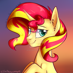 Size: 800x800 | Tagged: safe, artist:bluekazenate, sunset shimmer, bust, portrait, smiling, solo, watermark