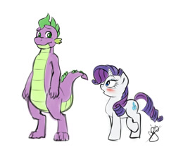 Size: 1280x1076 | Tagged: safe, artist:pia-sama, rarity, spike, dragon, pony, unicorn, blushing, crossed legs, female, male, older, older spike, open mouth, raised leg, shipping, smiling, sparity, straight, wide eyes