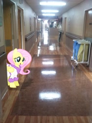 Size: 1944x2592 | Tagged: safe, artist:beauchaine, artist:tokkazutara1164, fluttershy, basket, clothes, doorway, hallway, hospital, irl, photo, ponies in real life, robe, shadow, solo, vector