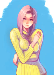 Size: 1250x1714 | Tagged: safe, artist:quizzicalkisses, fluttershy, human, arm boob squeeze, arm under breasts, beautiful, breast hold, breasts, clothes, female, humanized, smiling, solo, sweater, sweater puppies, sweatershy, tight clothing