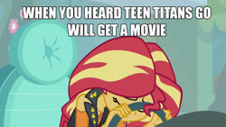 Size: 1280x720 | Tagged: safe, sunset shimmer, better together, driving miss shimmer, equestria girls, barely pony related, depressed, image macro, meme, mouthpiece, solo, teen titans go