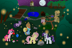 Size: 2834x1867 | Tagged: safe, artist:superzat, derpibooru import, applejack, fluttershy, pinkie pie, rainbow dash, rarity, twilight sparkle, unicorn twilight, earth pony, firefly (insect), insect, pegasus, pony, unicorn, balloon, bipedal, blowing up balloons, lantern, mane six, moon, night, ponyville, scenery, stars