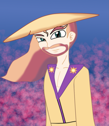 Size: 839x973 | Tagged: safe, prince solaris, princess celestia, human, abstract background, beard, clothes, facial hair, humanized, kimono (clothing), light skin, rice hat, rule 63