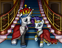 Size: 2160x1658 | Tagged: safe, artist:neko-me, fancypants, rarity, pony, unicorn, clothes, crown, dress, duo, female, jewelry, male, raised hoof, raripants, regal, shipping, staircase, stairs, straight, tiara