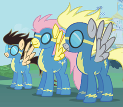 Size: 831x720 | Tagged: safe, artist:blah23z, edit, edited screencap, screencap, butterscotch, derpy hooves, fluttershy, wild fire, pegasus, pony, rule 63, wonderbolts, wonderbolts uniform, wondershy