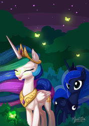 Size: 955x1351 | Tagged: safe, artist:mysticalpha, princess celestia, princess luna, alicorn, firefly (insect), pony, eyes closed, female, happy, mare, open mouth