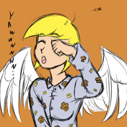 Size: 1000x1000 | Tagged: safe, artist:ixalon, artist:x-cross, color edit, edit, derpy hooves, human, clothes, colored, humanized, pajamas, sleepy, solo, winged humanization, yawn