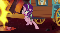 Size: 1280x720 | Tagged: safe, screencap, starlight glimmer, pony, unicorn, road to friendship, female, fire, fire swamp, flame geyser, mare, open mouth, scared, solo, wagon