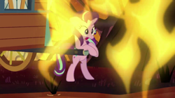 Size: 1280x720 | Tagged: safe, screencap, starlight glimmer, pony, unicorn, road to friendship, female, fire, fire swamp, flame geyser, mare, open mouth, rearing, scared, solo, wagon