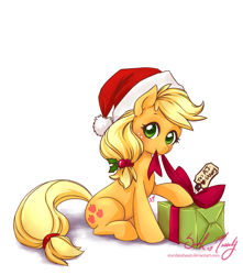 Size: 900x1016 | Tagged: safe, artist:starshinebeast, applejack, earth pony, pony, hat, holly, looking at you, present, santa hat, sitting, solo