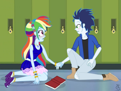 Size: 960x720 | Tagged: safe, artist:ilaria122, derpibooru import, rainbow dash, soarin', equestria girls, alternate hairstyle, belt, blushing, book, boots, bracelet, braid, canterlot high, clothes, couple, crouching, cute, dashabetes, dress, ear piercing, earring, equestria girls-ified, female, heart eyes, high heels, jewelry, lockers, male, necklace, open mouth, piercing, rainbow dash always dresses in style, ripped pants, sandals, shipping, shirt, shoes, simple background, soarindash, straight, t-shirt, wingding eyes