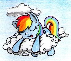 Size: 729x629 | Tagged: safe, artist:airman12, derpibooru import, rainbow dash, pegasus, pony, cloud, sleeping, solo, traditional art