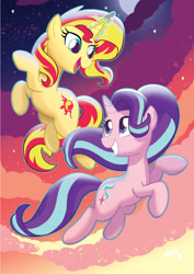 Size: 2550x3600 | Tagged: safe, artist:tonyfleecs, starlight glimmer, sunset shimmer, pony, unicorn, art is magic, duo, female, floating, glowing horn, looking at each other, magic, magic aura, mare, smiling