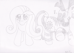 Size: 1317x941 | Tagged: safe, artist:mc-ryan, fluttershy, zecora, pegasus, pony, zebra, crying, monochrome, sad