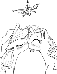 Size: 573x748 | Tagged: source needed, safe, artist:xioade, applejack, rarity, earth pony, pony, unicorn, female, holly, holly mistaken for mistletoe, kissing, lesbian, monochrome, rarijack, shipping