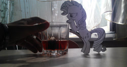 Size: 2592x1375 | Tagged: safe, artist:skalker, rarity, pony, unicorn, glass, paper child, paper pony, photo, solo