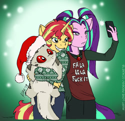 Size: 1000x967 | Tagged: safe, artist:kaemantis, aria blaze, sunset shimmer, oc, oc:senza, anthro, shark, christmas, christmas sweater, clothes, gradient background, green background, hat, holiday, land shark, santa hat, selfie, simple background, sweater, vulgar