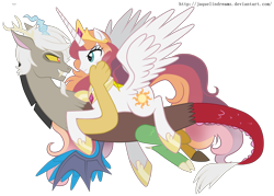 Size: 3968x2840 | Tagged: dead source, safe, artist:jaquelindreamz, discord, eris, prince solaris, princess celestia, alicorn, draconequus, pony, caos, dislestia, eye contact, fangs, female, floating, frown, glare, grin, lidded eyes, male, mare, princess helia, prone, redraw, rule 63, rule 63'd rule 63, shipping, simple background, smiling, smirk, spread wings, straight, transparent background, we need to go deeper, wings, yellow sclera