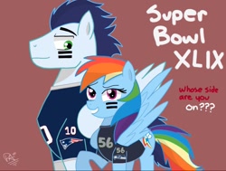 Size: 1024x776 | Tagged: safe, artist:pimpartist101, derpibooru import, rainbow dash, soarin', pegasus, pony, american football, female, male, new england patriots, nfl, seattle seahawks, shipping, soarindash, straight, super bowl, super bowl xlix