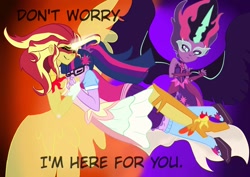Size: 1414x1000 | Tagged: safe, artist:hpbudgecraft, midnight sparkle, sci-twi, sunset shimmer, twilight sparkle, equestria girls, clothes, comforting, daydream shimmer, female, lesbian, midnightdaydream, scitwishimmer, shipping, sunsetsparkle