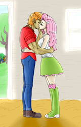 Size: 1050x1643 | Tagged: safe, artist:asdf314159265, applejack, big macintosh, fluttershy, equestria girls, clothes, female, fluttermac, humanized, kissing, light skin, male, shipping, skirt, straight, tanktop