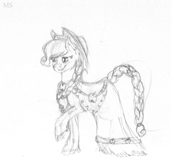 Size: 529x498 | Tagged: safe, artist:mutedsilver12, applejack, earth pony, pony, clothes, dress, gala dress, monochrome, raised hoof, solo, traditional art, unshorn fetlocks