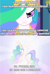 Size: 428x624 | Tagged: safe, princess celestia, alicorn, pony, exploitable meme, fourth wall, implied lauren faust, implied megan, meme, prime celestia, self ponidox, subverted meme, vulgar, xenolestia