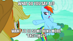 Size: 800x450 | Tagged: safe, derpibooru import, edit, edited screencap, screencap, applejack, rainbow dash, earth pony, pegasus, pony, non-compete clause, caption, female, image macro, implied appledash, implied lesbian, implied shipping, mare, tree