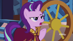 Size: 1920x1080 | Tagged: safe, screencap, starlight glimmer, pony, unicorn, road to friendship, clothes, female, mare, raised eyebrow, raised hoof, robe, solo, starlight is not amused, unamused, wagon