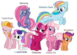 Size: 2879x2076 | Tagged: dead source, safe, artist:atomiclance, derpibooru import, cheerilee, cheerilee (g3), pinkie pie, pinkie pie (g3), rainbow dash, rainbow dash (g3), scootaloo, scootaloo (g3), starsong, sweetie belle, sweetie belle (g3), toola roola, earth pony, pony, g3, core seven, g3 to g4, generation leap, palette swap, recolor, simple background, transparent background