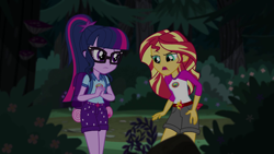 Size: 1280x720 | Tagged: safe, screencap, sci-twi, sunset shimmer, twilight sparkle, equestria girls, legend of everfree, backpack, belt, camp everfree outfits, clothes, female, glasses, shorts, tree