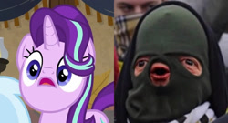 Size: 1220x658 | Tagged: safe, edit, edited screencap, screencap, starlight glimmer, human, pony, unicorn, road to friendship, balaclava, blyat, cheeki breeki, d:, derp, faic, female, frown, irl, irl human, mare, open mouth, photo, wide eyes